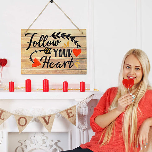 Jetec 2 Pieces Wood Hanging Sign Follow Your Heart Love Each Moment Wall Hanging Wooden Decoration Sign Love Plaque for Valentine's Day Wedding Living Room Dining Room Bedroom, 10 x 7 inch