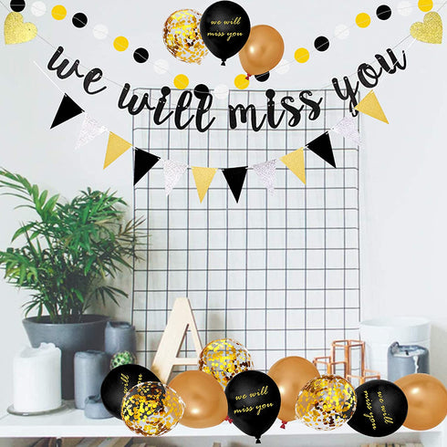 We Will Miss You Banner Coworker Going Away Farewell Decorations Gold Black Glitter Dot Circle Garland Triangle Flag Banner For Goodbye, Retirement, Job Change, later traitor party supplies