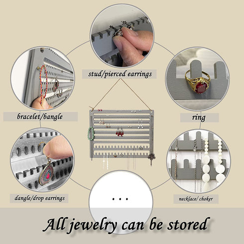 CWLL Wooden Jewelry Organizer Wall Mounted, Hanging Jewelry Organizer Earring Organizer Necklace Bracelet Holder Over the Door, Jewelry Holder for Earrings, Necklaces & Rings(Grey), 16''x12''x1''