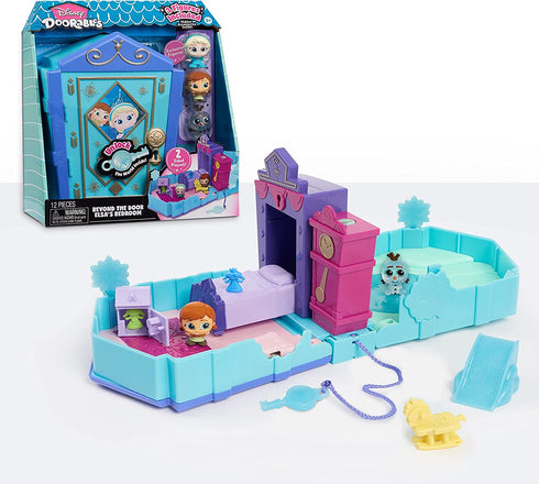 Disney Doorables Beyond the Door Elsa’s Bedroom Playset, Includes 3 Exclusive Disney Frozen Figures, 7 Accessories, and 1 Key, Officially Licensed Kids Toys for Ages 5 Up, Gifts and Presents