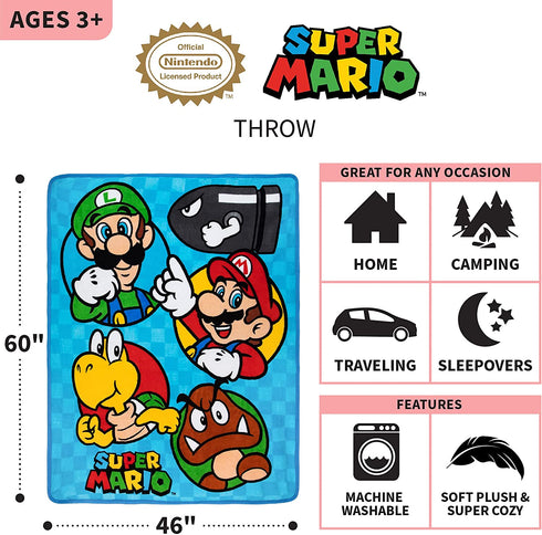 Franco Kids Bedding Super Soft Micro Raschel Throw, 46 in x 60 in, Mario