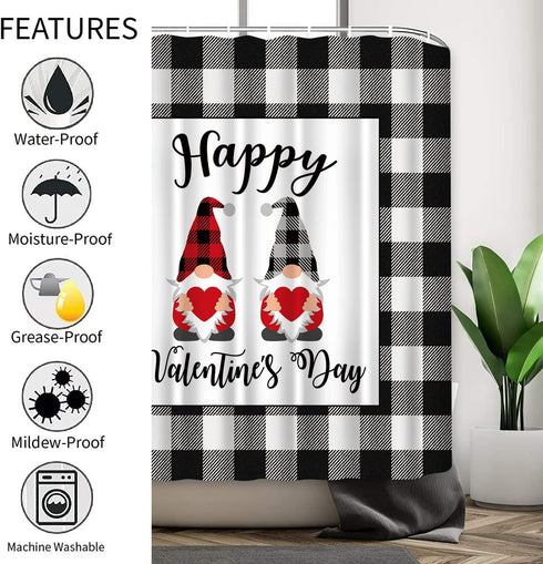 Valentines Day Gnomes Shower Curtain Buffalo Plaid on Black White Grey Farmhouse Check Background Happy Valentines Day Fabric Shower Curtains for Bathroom Waterproof, 72" x 72"