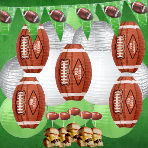 UNIQOOO 29Pcs American Football Paper Lantern Party Decoration Banner Flags, Assorted Sports Lanterns Set, Large 12 Inch 10, 8'', Super Game Day Kids Birthday Party Favor, Reusable Easy Assemble