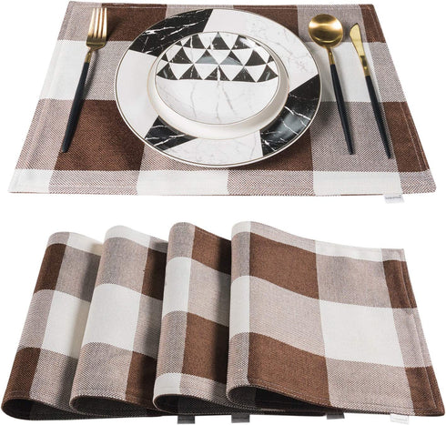 smile of hope Brown and White Buffalo Check Plaid Placemats Set of 4, Kitchen Dining Table Waterproof Decorative Placemats, Imitation Hempable Heat Resistant Table Mat 12x18 Inches