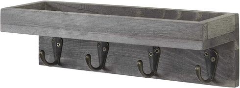 MyGift Floating Wall Shelf with Hooks, Vintage Grey Wood Entryway Storage Shelf with 4 Metal Key Hooks
