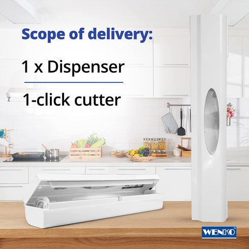 WENKO Refillable Wrap Dispenser, Aluminium, Plastic, Tin, Foil Cutter, 14.96 x 2.05 x 2.64 inch, White