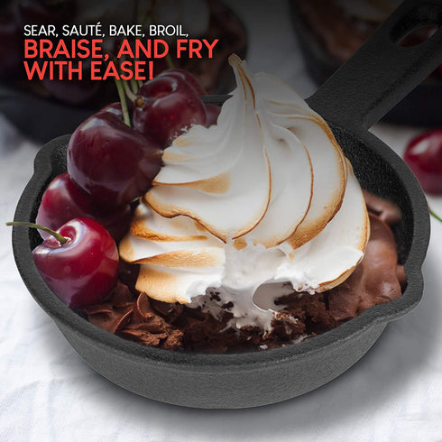Modern Innovations Mini Cast Iron Skillet with Silicone Mitt (4 Count) - 3.5 Inch Mini Cast Iron Skillet - Pre Seasoned Small Cast Iron Skillet Set - Mini Cast Iron Skillets for Baked Cookie/Brownie