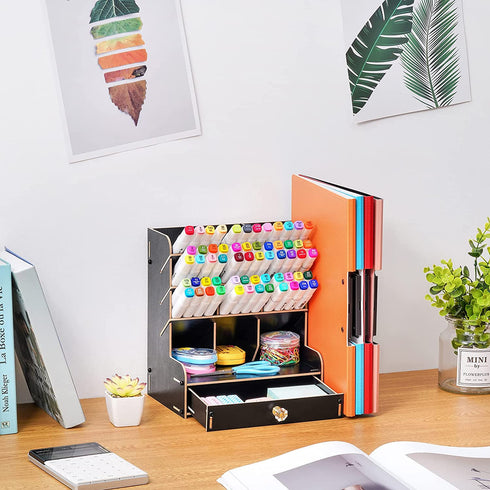 Marbrasse Upgraded Wooden Pencil Organizer, Multi-Functional Pencil Holder with Bookend + Drawer, DIY Art Supply Organizer, Easy Assembly Desktop Organizer Storage (Black)