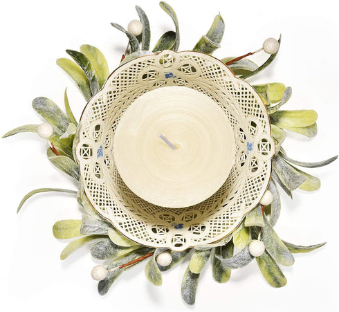 Feirui Pillar Candle Rings Set of 3, Frosted Mistletoe Wreaths with Pearl Accents,Christmas Holiday Parties and Home Decor