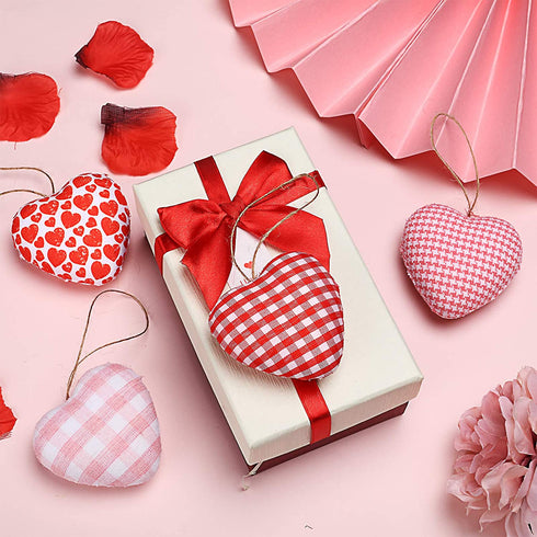 12 Pieces Valentine's Day Buffalo Check Fabric Ornament Valentine's Day Hanging Bauble Ornament Heart-Shaped Ornaments Baubles Decoration for Valentine's Day Wedding Party, 4 Styles