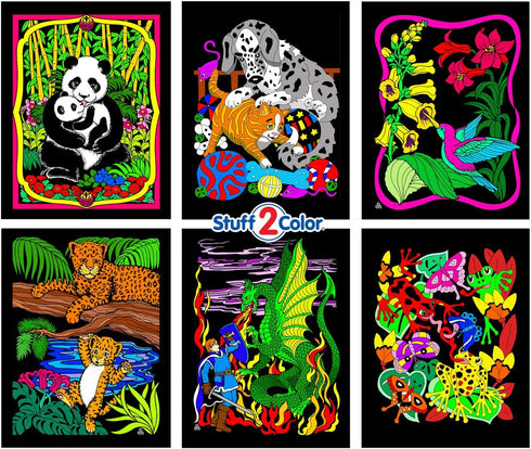 Stuff2Color Panda, Kitten, Dragon and Knight, Leopards, Humming Bird, Frog - 6 Fuzzy Velvet Coloring Posters
