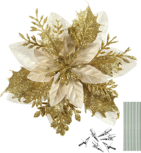jojofuny 12Pcs Christmas Glitter Poinsettia Flowers, Christmas Tree Flower Decorations Artificial Flowers with Stems and Clips for Wedding Party Wreath (Golden)