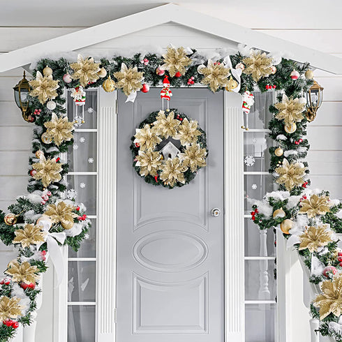 jojofuny 12Pcs Christmas Glitter Poinsettia Flowers, Christmas Tree Flower Decorations Artificial Flowers with Stems and Clips for Wedding Party Wreath (Golden)