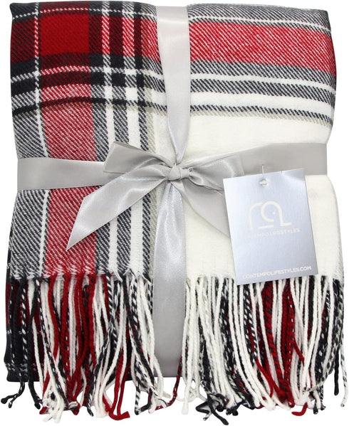 Plaid Throw Blanket 50 x 60 Inch Decorative Classic Blanket Comfortable and Ultra-Soft Ideal for Living Room, Couch, Travelling (50"x60", Ivory Multi)