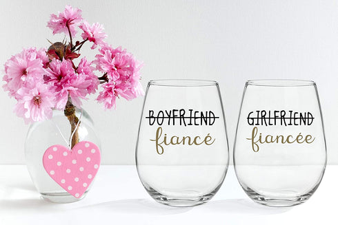 Boyfriend and Girlfriend 15 oz Stemless Wine Glasses (Set of 2) - Unique Engaged Wine Glasses for Fiance Unique Engagement Gifts For Him and Her