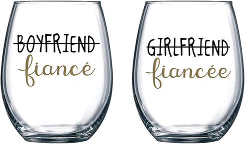 Boyfriend and Girlfriend 15 oz Stemless Wine Glasses (Set of 2) - Unique Engaged Wine Glasses for Fiance Unique Engagement Gifts For Him and Her