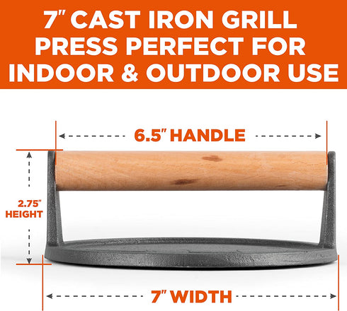 Commercial Chef Pre-Seasoned Cast Iron Press with Easy Grip Wooden Handle, 7-Inch Surface with Grill Marks, Chef Press Round Grilling Accessory