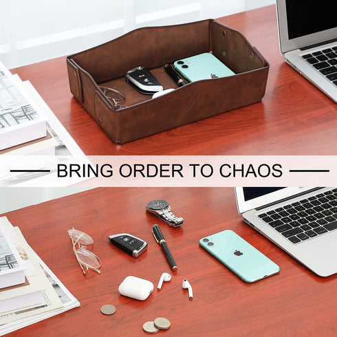 SITHON Valet Tray Desktop Storage Organizer Premium PU Leather Portable Collapsible Catchall Tray Bedside Vanity Tray Nightstand Caddy Holder for Jewelry, Keys, Phone, Wallet and Remote Controller, Brown