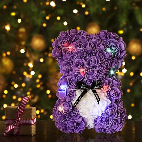 Rose Bear --Over 250+ Flowers on Every Rose Teddy Bear -Gifts for Women Gifts for mom?Anniversary's, Birthdays, Bridal Showers,Valentine's Day,Mothers - Clear Gift Box Included (gray, 10inch) (purple)