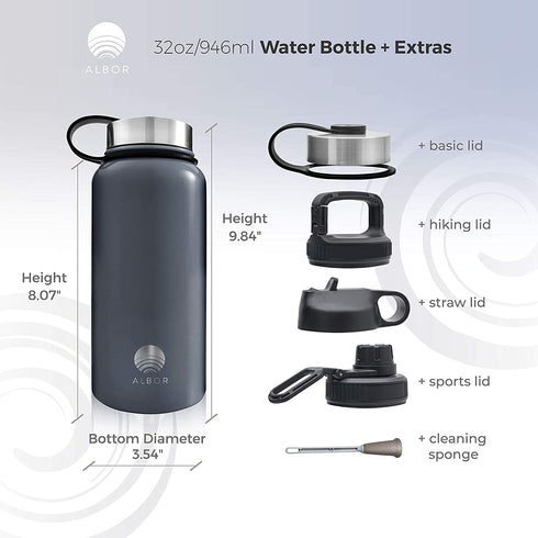 ALBOR Insulated Water Bottle with Straw - 32 oz Water Bottles - Triple Insulated Stainless Steel Water Bottles with 4 Leak-Proof Lids and 2 Straws. Reusable Water Bottle, Graphite