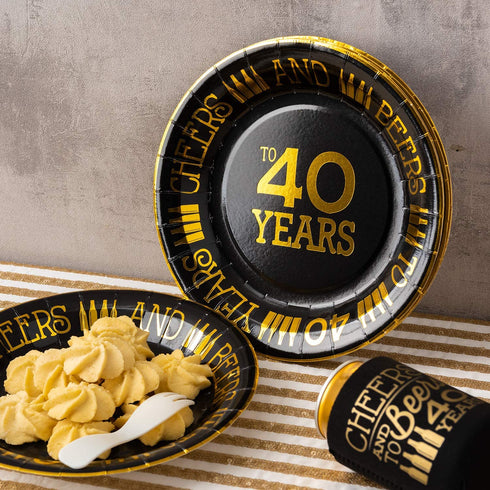 Crisky 40th Birthday Plates Black and Gold Dessert, Buffet, Cake, Lunch, Dinner Plates for 40th Birthday Decorations Party Supplies, Cheers to 40 Years! 50 Count, 9" Plate