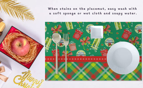 Table Placemats Kitchen Dining Place Mats Wipeable Dinner Mats Green Christmas New Year Table Mat Square, Set of 4 Washable Placemat, 45 x 30 cm