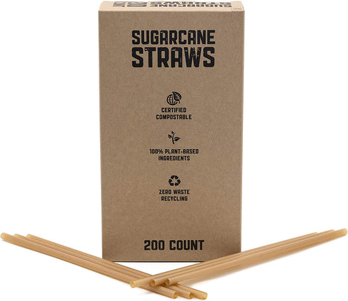 LK3 Certified Compostable Sugarcane Straws 200 Pack: 100% Plant Based, Biodegradable, No Plastic, ASTM D6400, Reusable Drinking Straws | Alternative to Paper and Plastic Straws (Paper Wrapped)