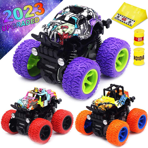 Monster Trucks Toys for Boys - Friction Powered 3-Pack Mini Push and Go Car Truck Playset for Boys Girls Toddler Aged 3 4 5 Year Old Gifts for Kids Birthday Christmas (Purple, Red, Orange, 3-Pack)