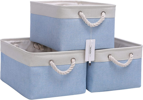 Fabric Storage Basket Set of 3, Foldable Linen Storage Box for Nursery and Home, Collapsible Canvas Shelf Basket for Wardrobe or Bedroom, Blue and White