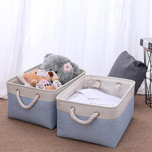 Fabric Storage Basket Set of 3, Foldable Linen Storage Box for Nursery and Home, Collapsible Canvas Shelf Basket for Wardrobe or Bedroom, Blue and White