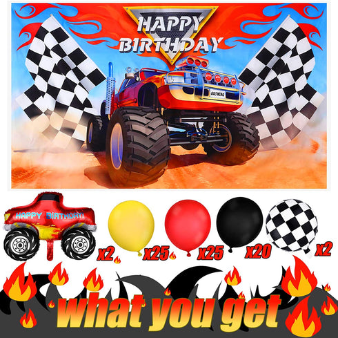 75 Pieces Monster Truck Party Supplies Monster Truck Balloons Decoration Set Including 1 Monster Truck Themed Backdrop 2 Monster Truck Balloons 2 Mosaic Race Foil Balloons and 70 Multicolor Balloons