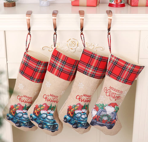 Yuokwer Christmas Stockings?Big Size 4 Pack 18-Inch Extra Long Blue Truck Burlap Stocking Xmas Hanging Stocking Character for Family Holiday Season Decor (Blue Car, 4)