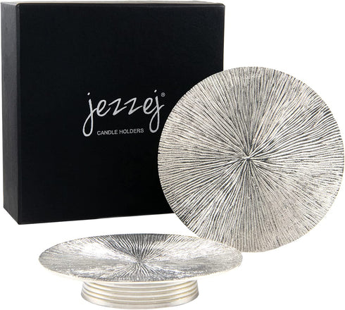 JEZZEJ Silver Pillar Candle Holder Set of 2 - Candle Holders for Table Centerpiece - Candle Holders for Pillar Candles - Handmade in India Candle Stand - Large Candle Plate to Protect Surface