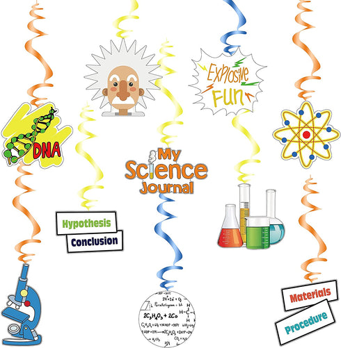 Science Theme Birthday Decoration Kit Science Birthday Banner & Hanging Swirls Ceiling Whirl Streamer Hanging Cutouts Set Mad Science Party for Kids Birthday Baby Shower Chemistry Laboratory Party
