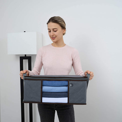 VENO 3 Pack Medium Clothes Storage Bag Organizer with Reinforced Handle Thick Fabric for Comforters, Blankets, Bedding, Foldable with Sturdy Zipper, Clear Window, Grey, Reusable and Sustainable (9.5 Gallon)