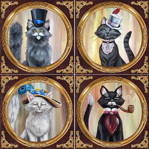 DWK Victorian Cat Drink Absorbent Coasters | 4 Piece Cork Coaster Set | Cat Presents for Cat Lovers | Cute Retro Coasters Coffee Bar Accessories - 4"