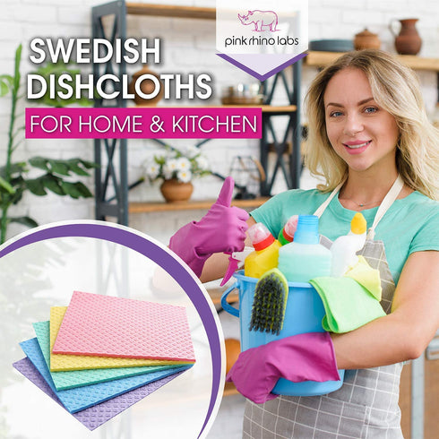 Pink Rhino Labs Swedish Dish Cloths - Reusable, Absorbent Cleaning Cloths for Home, Kitchen and Auto - Eco-friendly - Made in EU & Packaged in USA - Assorted