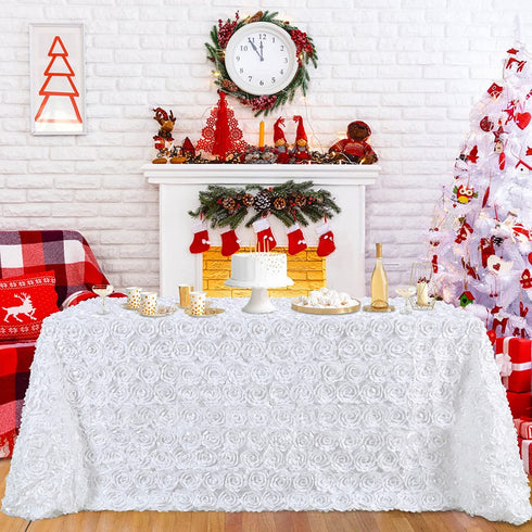 White Rosette Tablecloth 50 x 80 Inch Rectangle 3D Floral Table Cloth Table Cover for Birthday Party Table Decorations