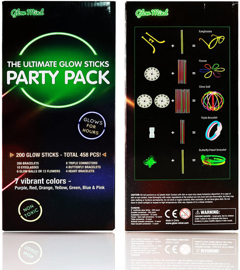 Glow Sticks Bulk Party Supplies 458 Piece Glow in The Dark Party Favors Pack for Kids/Adults with 200 Super Bright Glowsticks and Connectors for Bracelets, Necklaces, Glasses, Flower Balls