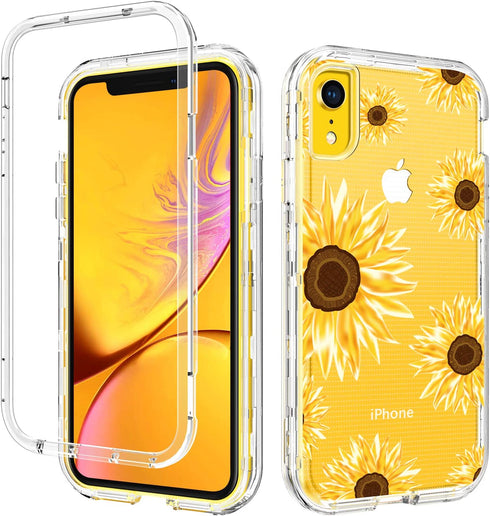 GUAGUA iPhone XR Case Sunflower Clear Floral Flowers for Girls Women 3 in 1 Hybrid Hard Plastic Soft Rubber Cover Shockproof Protective Phone Cases for iPhone XR 6.1-inch Transparent Yellow