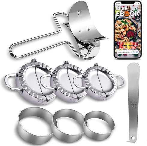 Dumplings Maker 8 PCs Stainless Steel, Empanada Press Mold Set and Cutter for Chinese Wonton Pie Ravioli Pierogi, Gyoza Dough Pastry Wrappers Pot Stickers Skin Manual Stuffing Spoon Flour Ring Tools