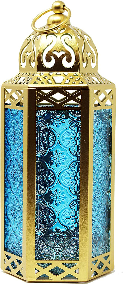 Vela Lanterns Gold Moroccan Decorative Candle Lantern Holder, Blue Glass, Medium