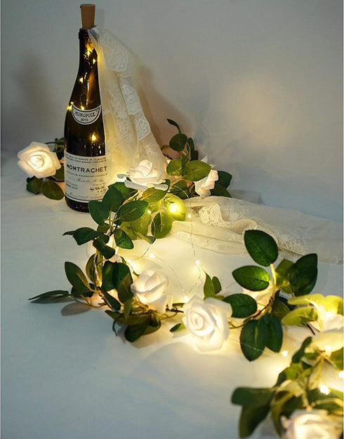 Rose String Lights Battery Powered or USB Powered with Remote Control, Rose Fairy Lights Waterproof for Bedroom, Christmas, Festivals, Wedding, Party, Valentine's Day (White, 6.6)
