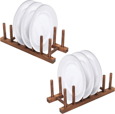 MyGift Brown Wood Dish Drying Rack, Kitchen Countertop Plate Display Holder with 6 Slots, Set of 2