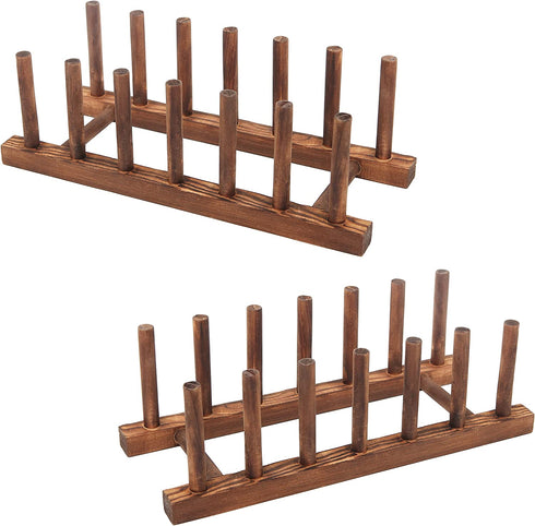 MyGift Brown Wood Dish Drying Rack, Kitchen Countertop Plate Display Holder with 6 Slots, Set of 2