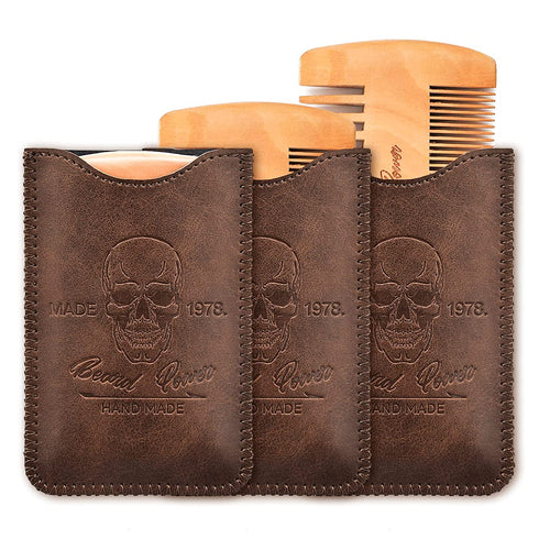 Menesia 3 Pieces Wooden Beard Combs with Cases for Men Beard, Fine & Coarse Teeth, Men's Wood Pocket Comb for Beards & Mustaches & Hair,Brown Skull Design