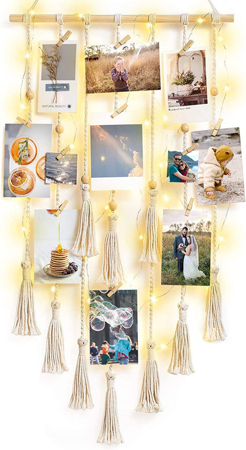 Mkono Boho Gift Macrame Hanging Photo Display with String Lights Boho Wall Decor Pictures Christmas Cards Holder with 30 Clips for Bedroom, Living Room, Dorm, Nursery Decor, Gift Idea