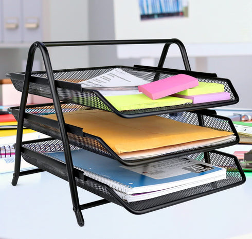 Greenco Paper Tray Mesh 3 Tier Document, Letter, Paper, Desk Organizer, Black