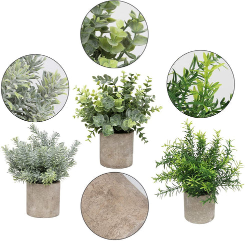 Flojery Mini Potted Plants Artificial Eucalyptus Boxwood Rosemary Greenery in Pots Faux Potted Herbs Small House Plants 8.3"-9" Tall for Indoor Greenery Tabletop Décor Centerpiece (Sprayed Eucalyptus)