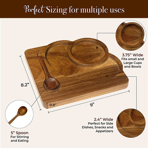 Small Wood Tray for Eating - Individual Acacia Wood Serving Tray - Natural Wooden Plate for Food & Drinks - Small Wooden Tray for Breakfast - Tea Coffee and Snacks - with Acacia Spoon